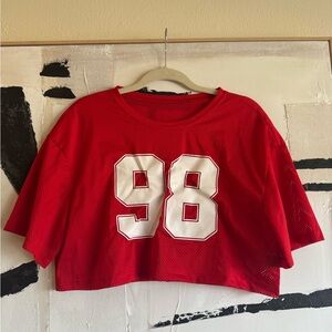 Red Cropped Mesh Top with 98 Print